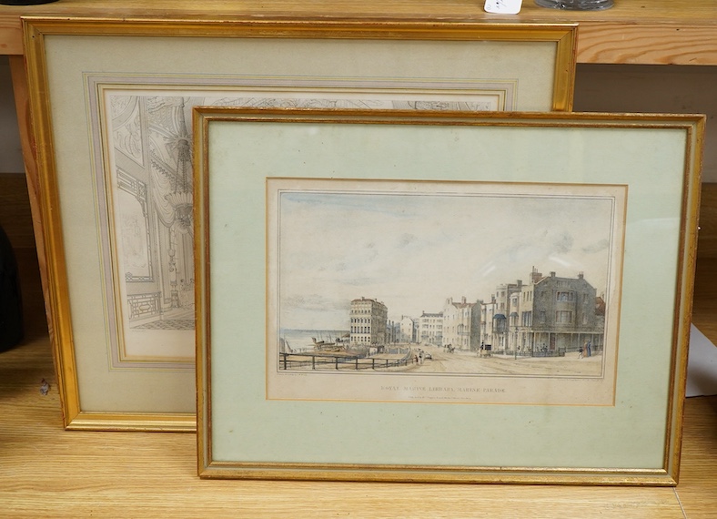 Two Brighton interest prints, comprising: After C W Wing, Royal ‘Marine Library, Marine Parade’, published by William Tuppen, and ‘Pavilion Banqueting Room’, published 1st December 1824 by John Nash, largest 30 x 40cm